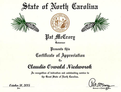 certificate of appreciation Governor North Carolina to the artist claudio